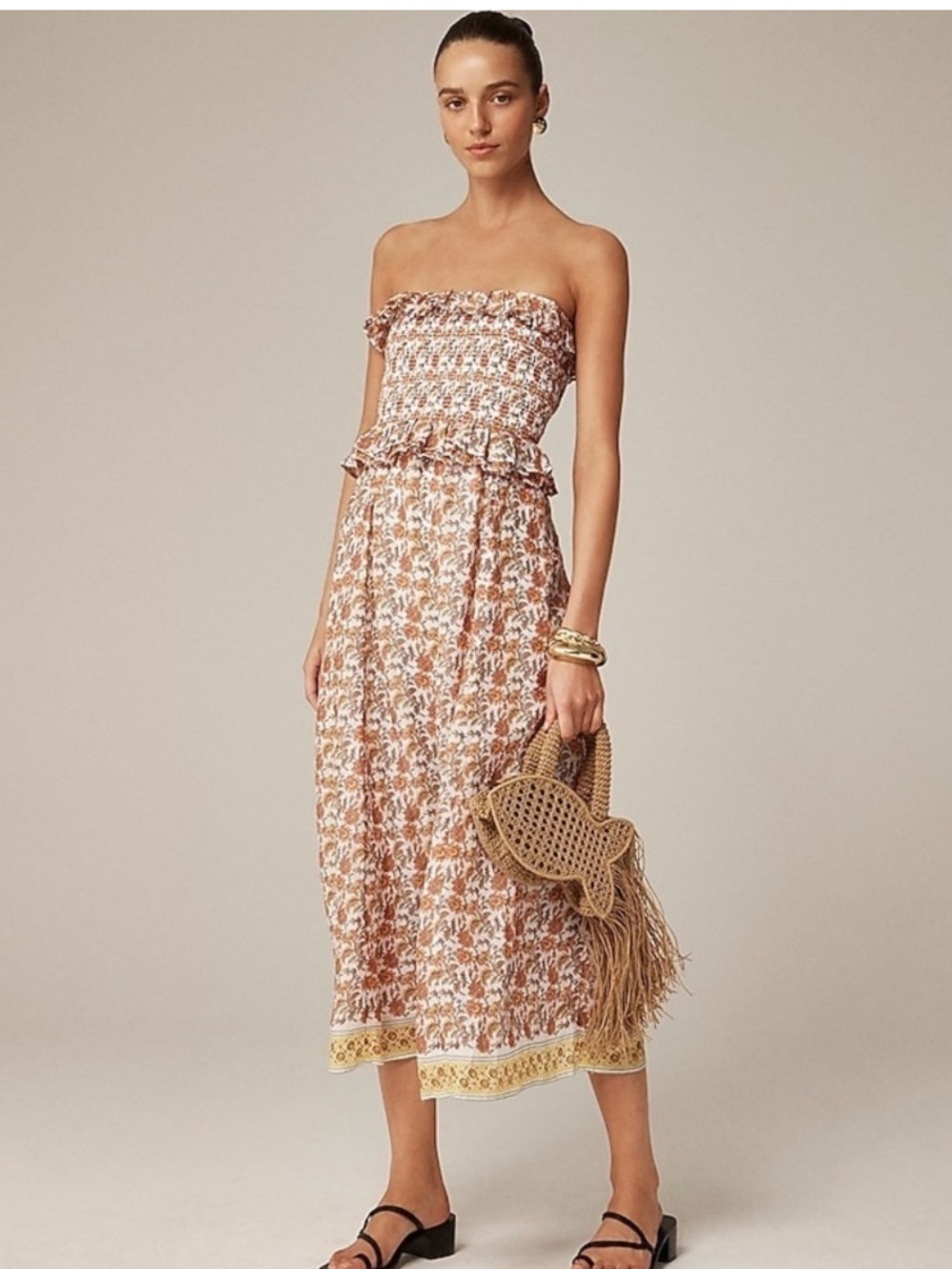 JCREW RAVENNA MAXI STRAPLESS DRESS SUNSET ROSE BLOCK PRINT RAMIE SMOCKED SIZE SM